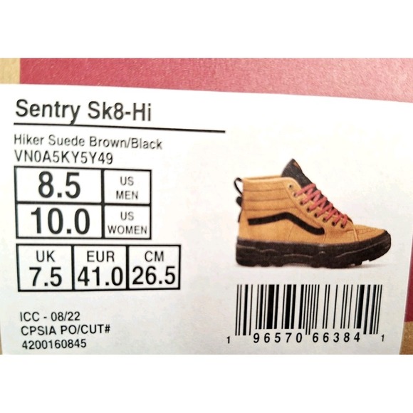 Vans Sentry sk8 Hi Hiker Suede Wheat Glazed Ginger Sneaker Brown Men's Sz 8.5 - Picture 10 of 12